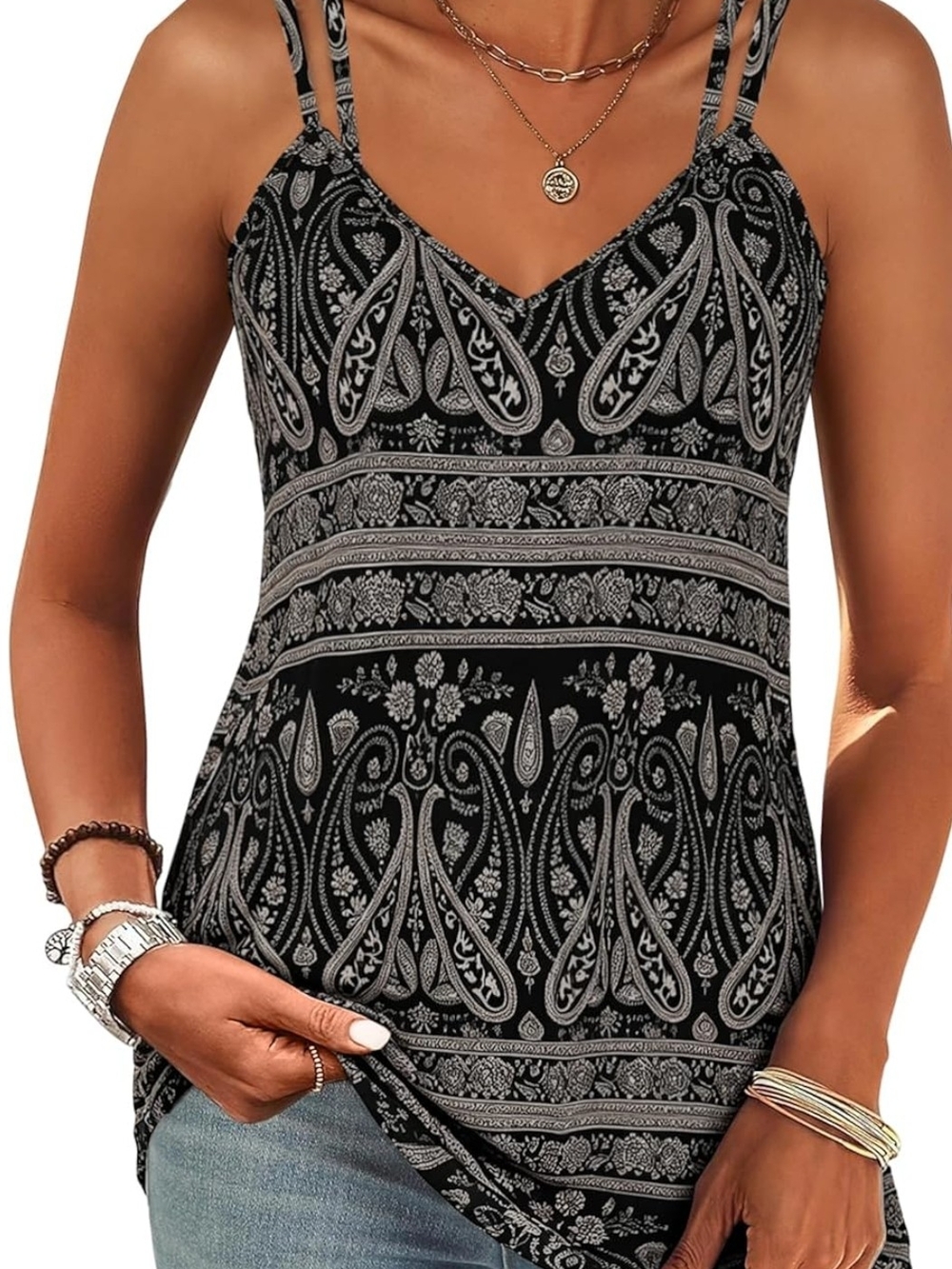 Black Fashion Print V-Neck Cami Tank Top